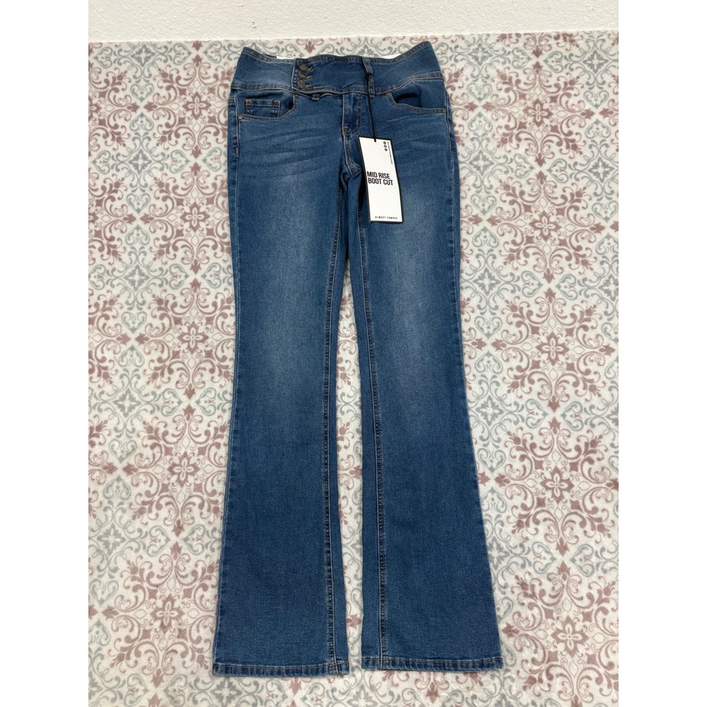 Almost Famous Mid Rise Bootcut Jeans Blue Denim 3 Button Waist Stretch Size 3